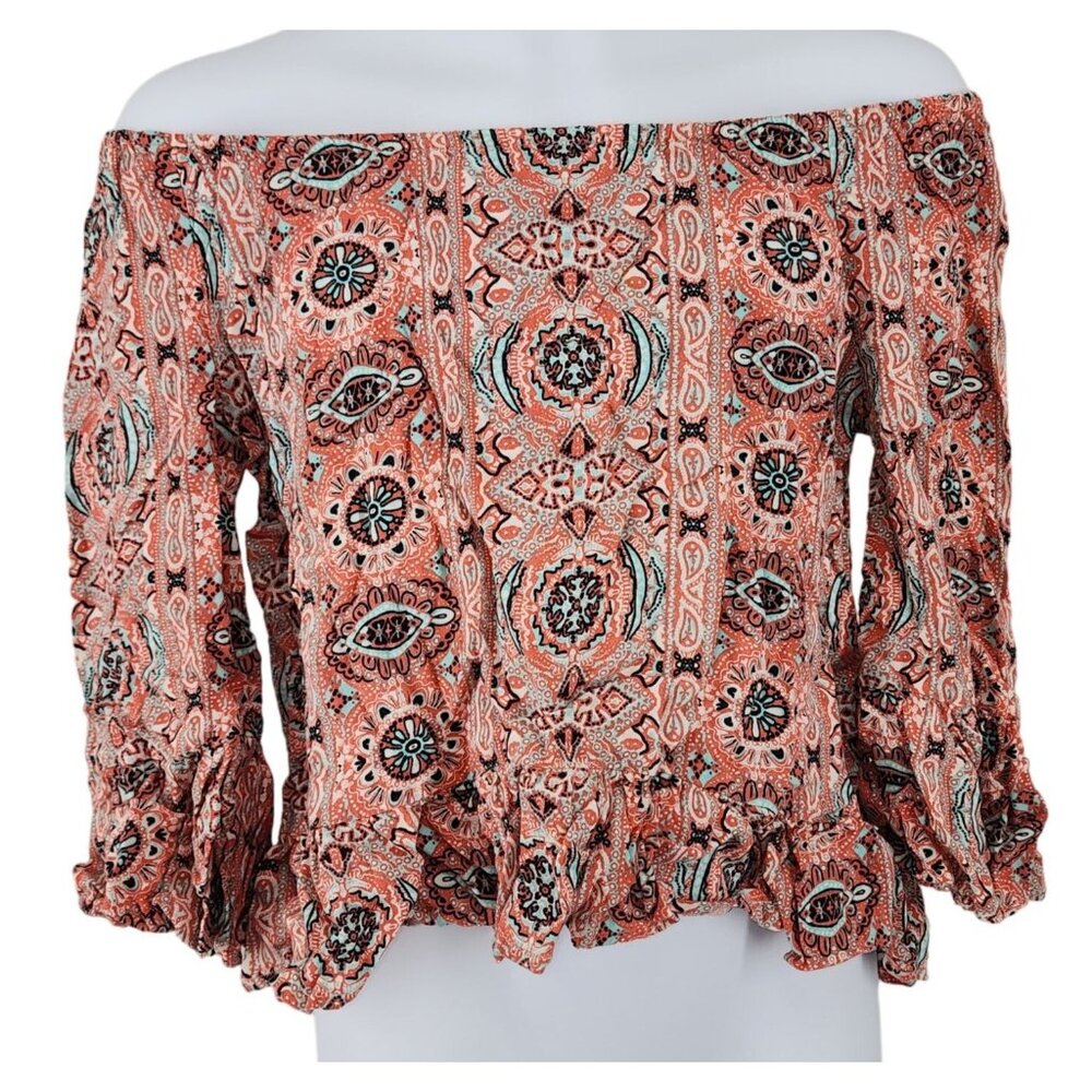 Girls Beautees Paisley Ruffle Hem Sleeve On Off Shoulder Flowy Hippie Blouse Med